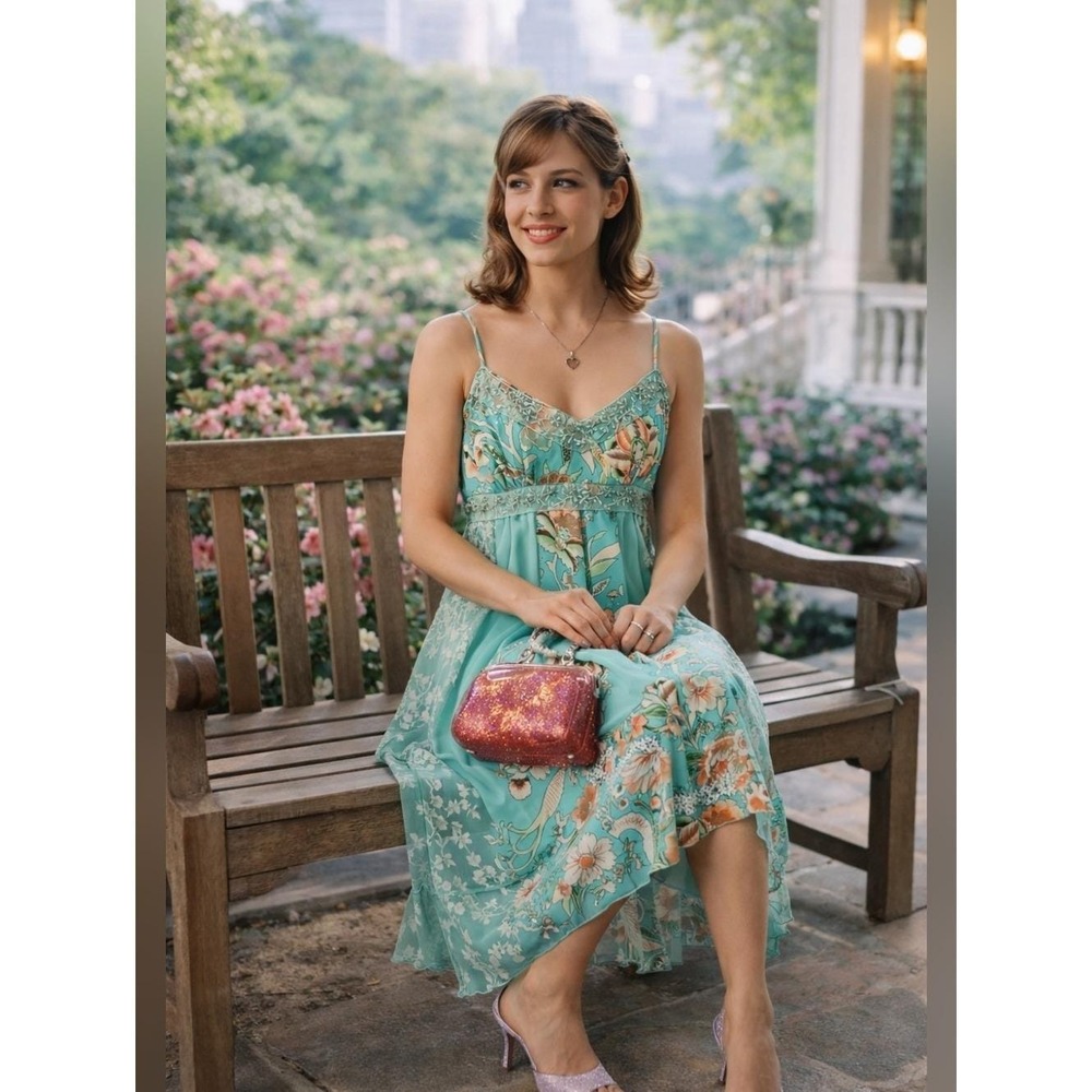 Vintage Y2K City Triangles Dress Women Floral/Embroidered Aqua Junior size Large